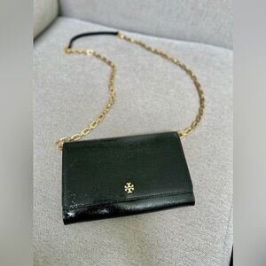 Tory Burch Black Patent Wallet removable Gold Chain with Dust Bag
